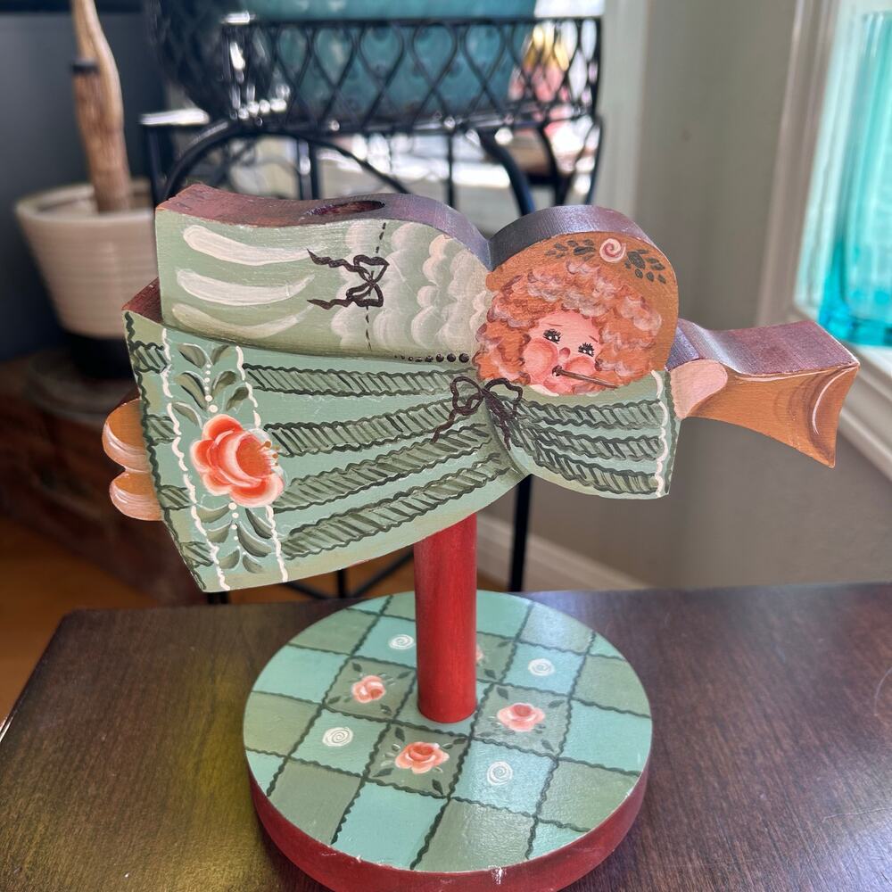 Vintage hand carved wood wooden folk art hand painted angel candle holder - Picture 7 of 15